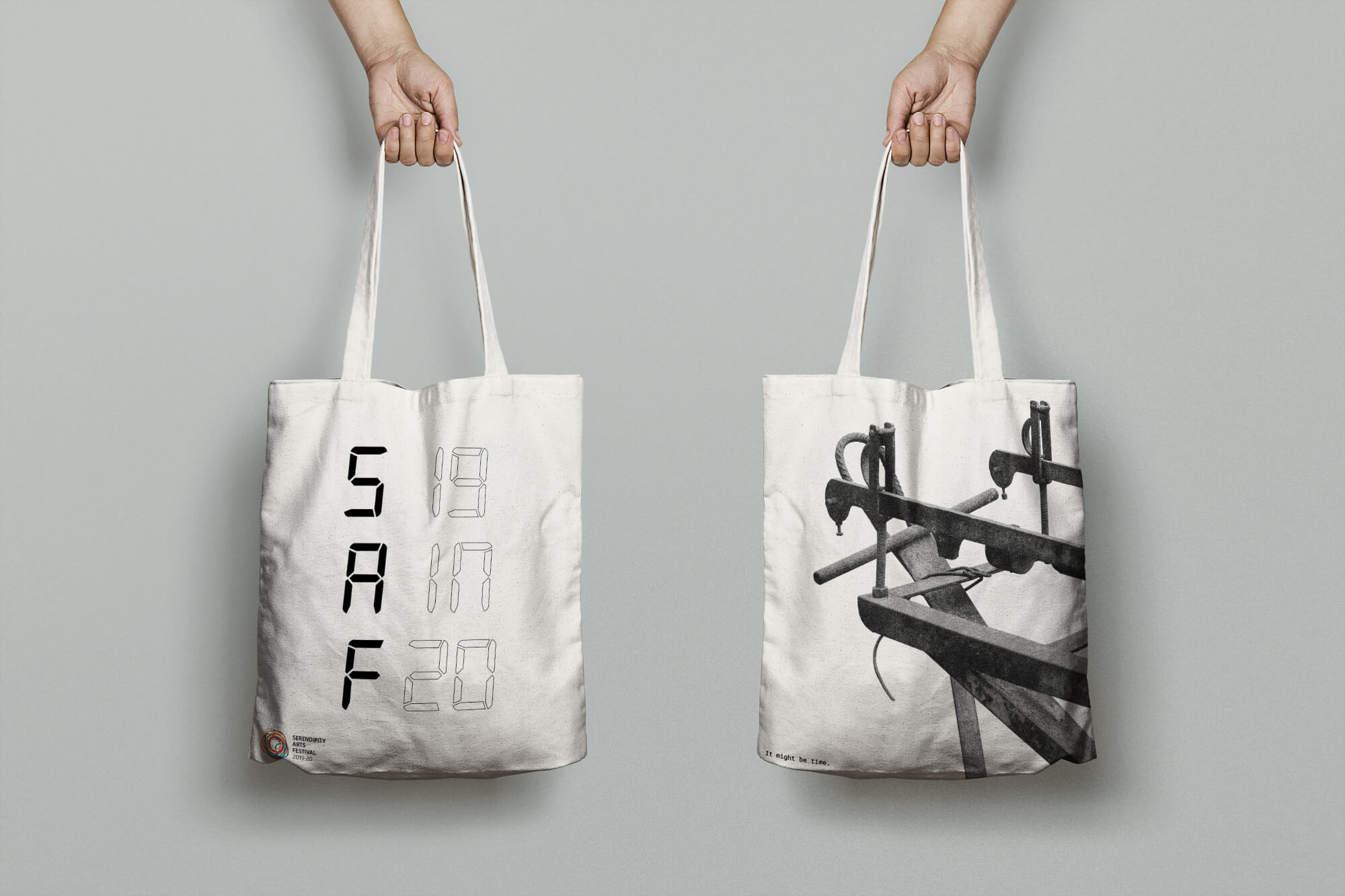 Photo of tote bags showing SAF 19in20 branding